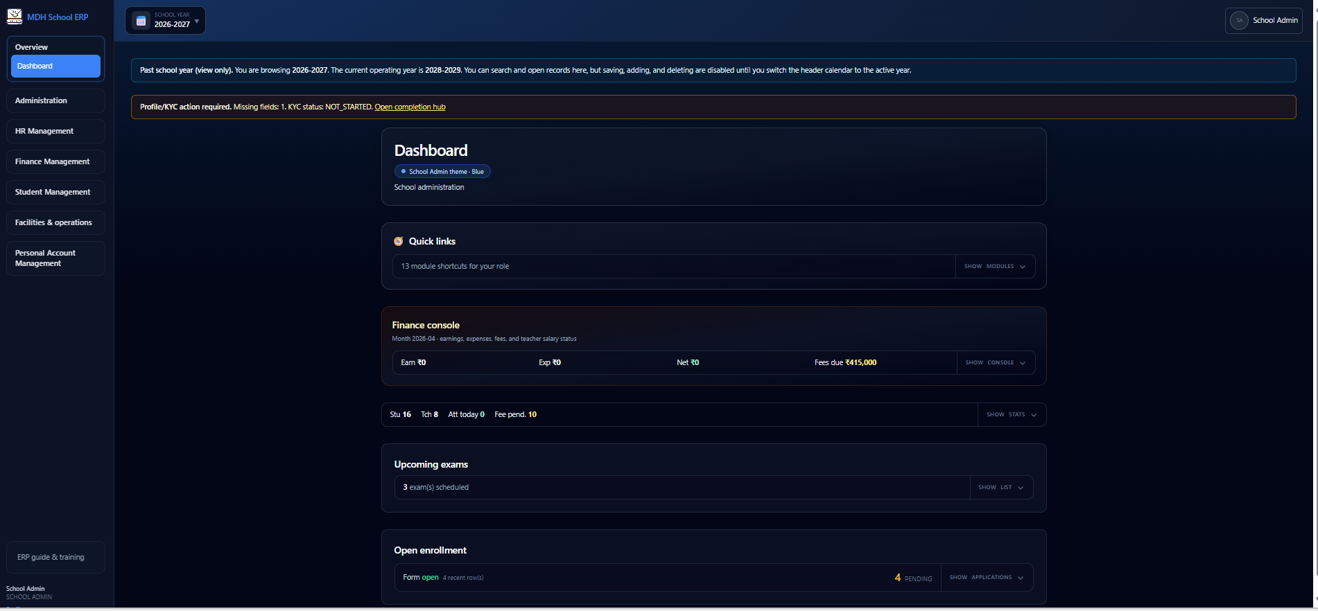 MDH School ERP dashboard showing academic and HR modules